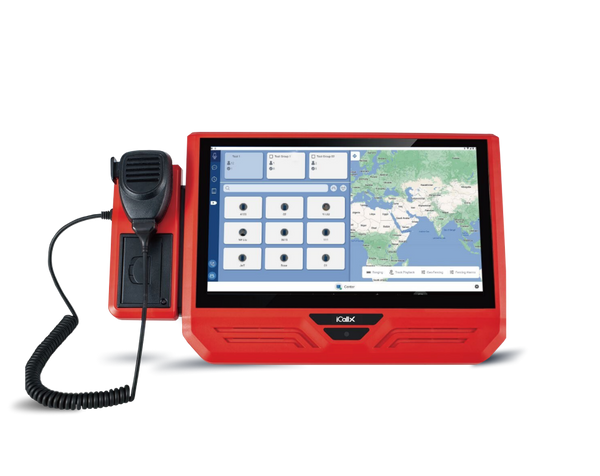 The NX200 dispatch console: a tablet with a push-to-talk microphone on its side.