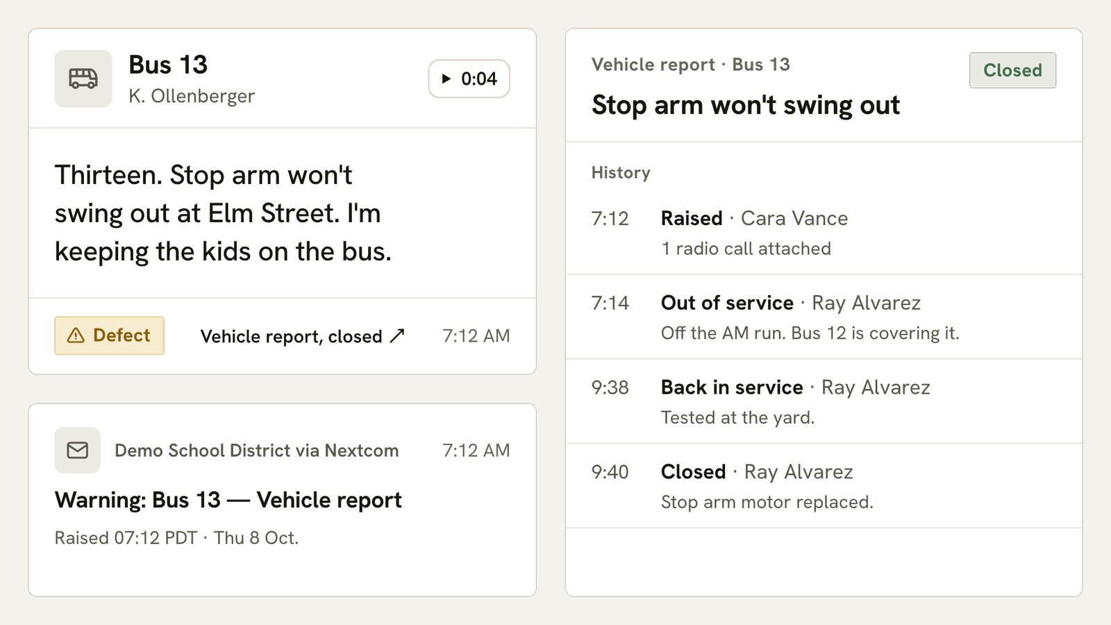 Bus 13's driver radios in that the stop arm won't swing out. The call is written down and sorted as a defect, raised as a vehicle report, and emailed to the shop. The shop takes Bus 13 out of service, puts it back once it's fixed, and closes the report with a reason.