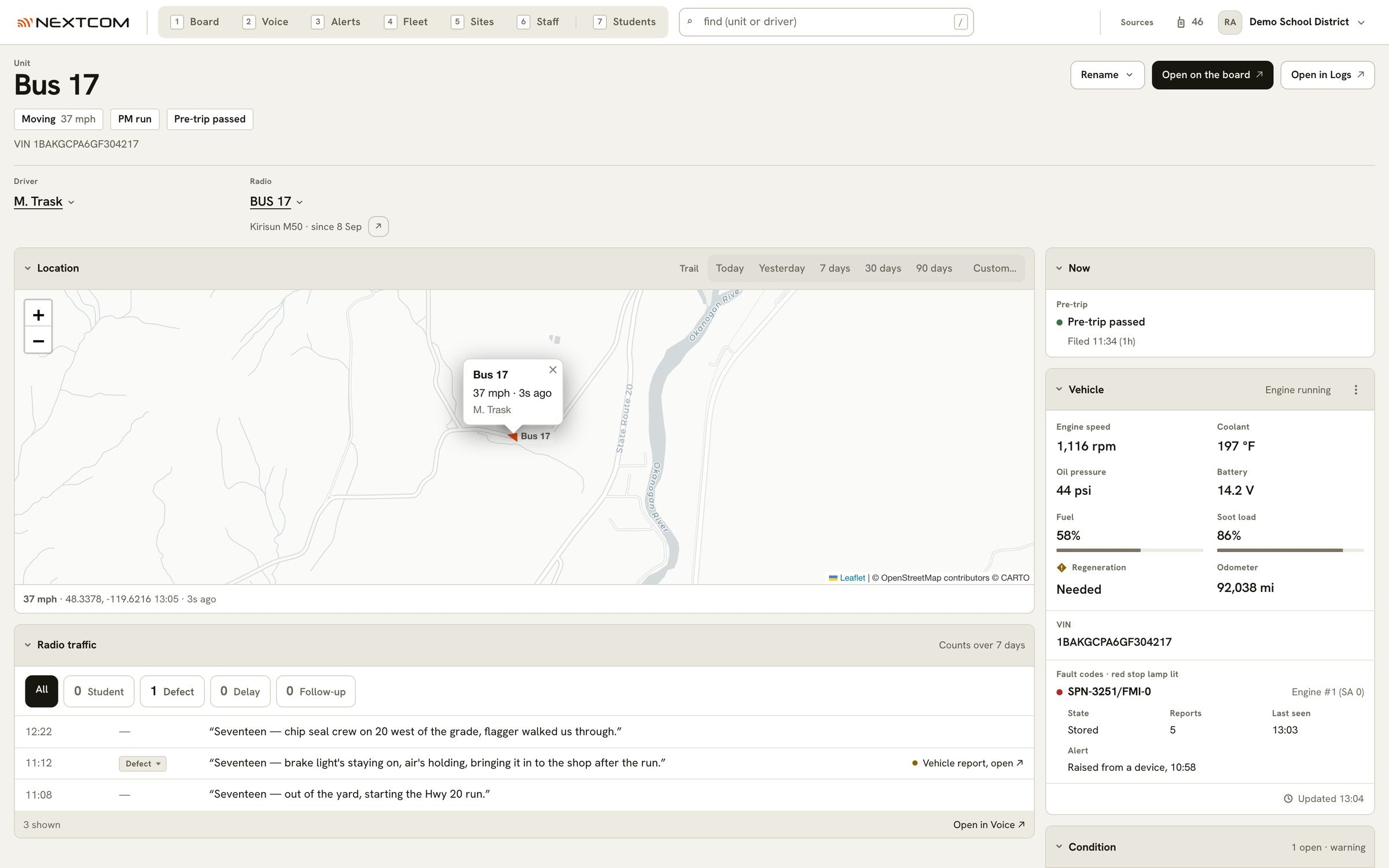 Bus 17's page: moving at 37 miles an hour with its pre-trip passed, its position on a map, this week's calls counted by category, and its engine readings with one fault code.