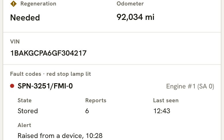 A bus's page showing its engine readings and fault codes