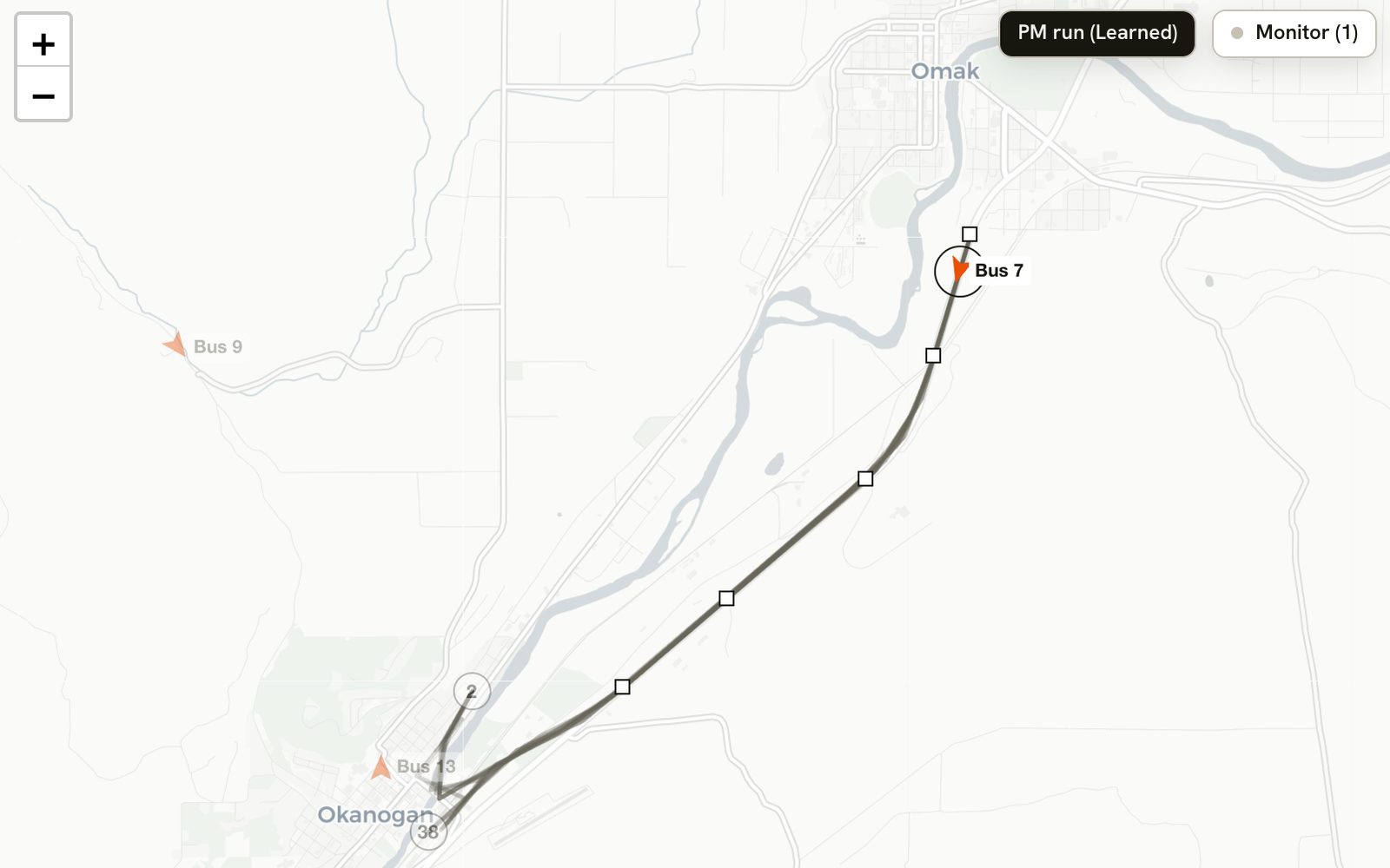 A bus's route drawn on the map with its stops